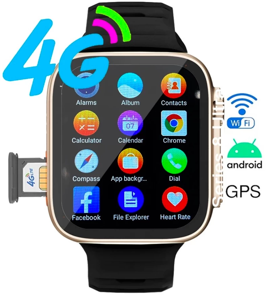 First S8 Ultra 4G SIM+ Camera Android Ultra Smartwatch 1GB RAM+ 16GB Storage (Black + Orange Strap)- Body Black Color